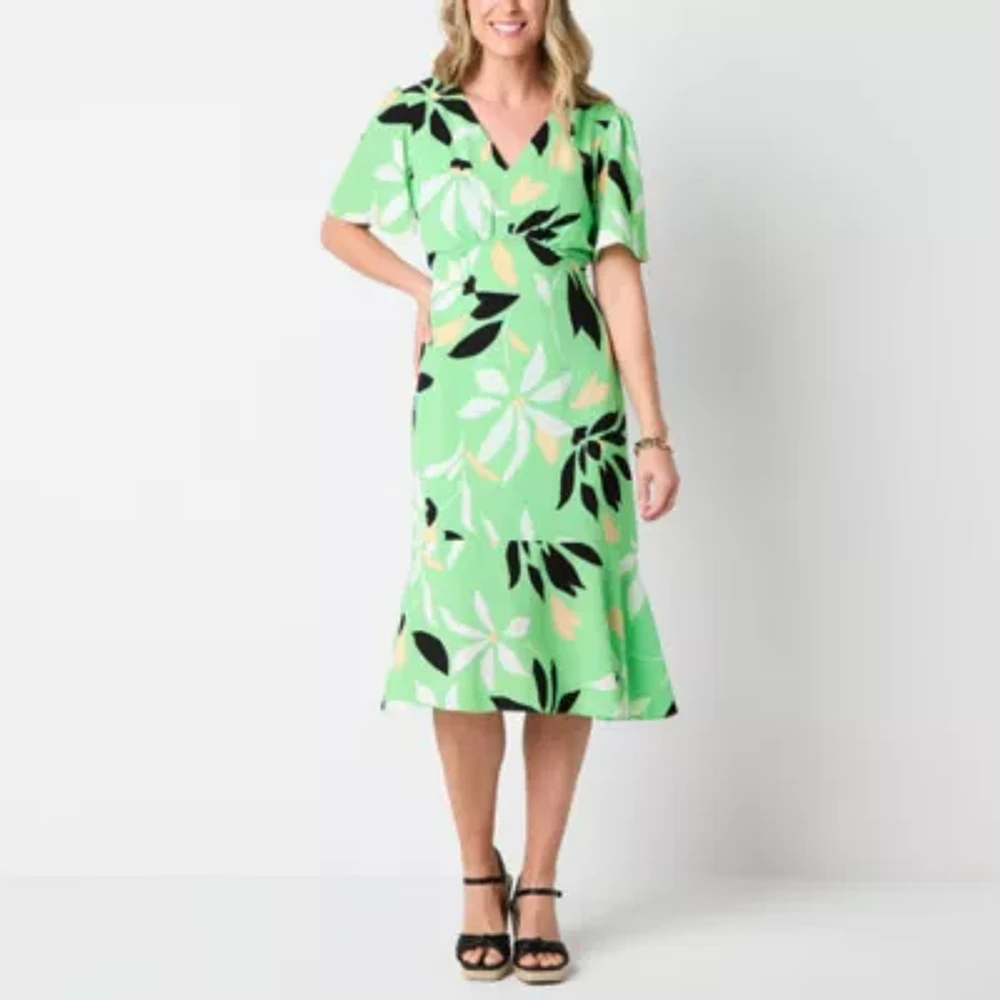 Liz Claiborne Womens Short Sleeve Floral Midi A-Line Dress