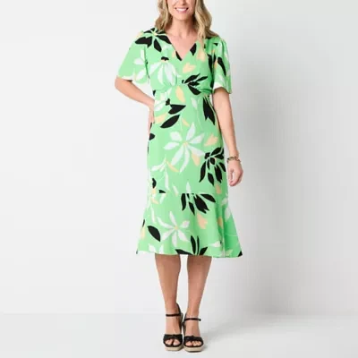 Liz Claiborne Womens Short Sleeve Floral Midi A-Line Dress
