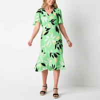 Liz Claiborne Womens Short Sleeve Floral Midi A-Line Dress