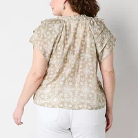 Frye and Co. Plus Womens Split Tie Neck Short Sleeve Blouse