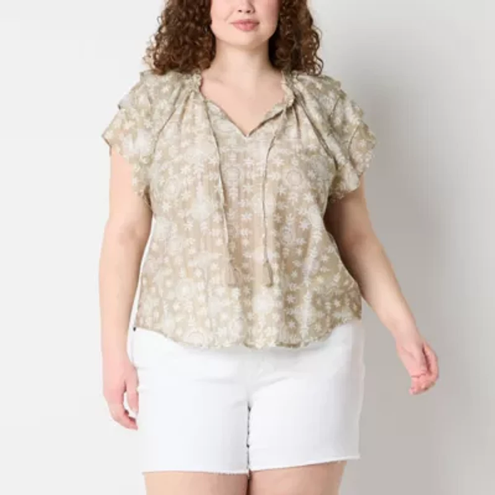 Frye and Co. Plus Womens Split Tie Neck Short Sleeve Blouse