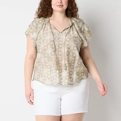 Frye and Co. Plus Womens Split Tie Neck Short Sleeve Blouse