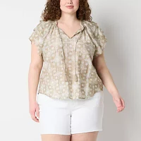 Frye and Co. Plus Womens Split Tie Neck Short Sleeve Blouse