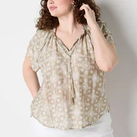 Frye and Co. Plus Womens Split Tie Neck Short Sleeve Blouse