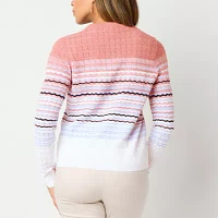Liz Claiborne Womens Crew Neck Long Sleeve Button Striped Cardigan