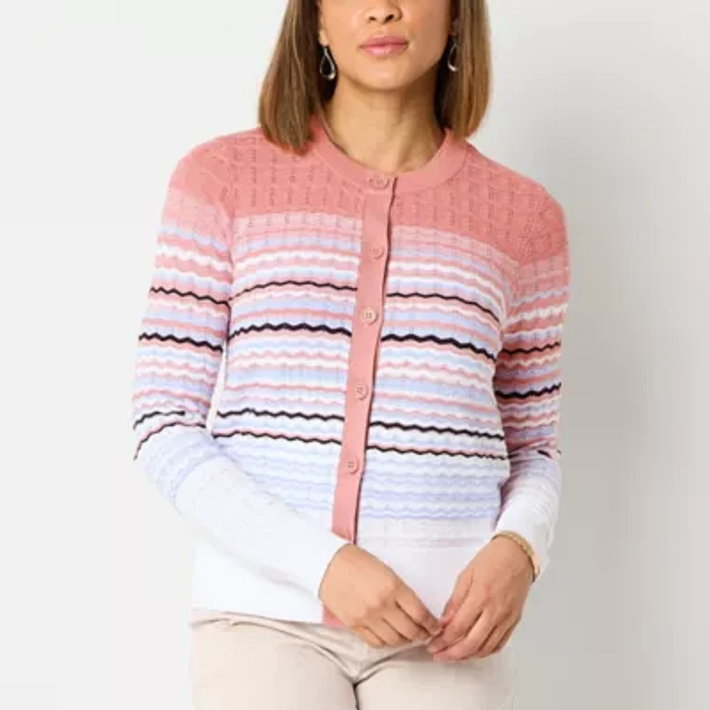Liz Claiborne Womens Crew Neck Long Sleeve Button Striped Cardigan
