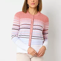 Liz Claiborne Womens Crew Neck Long Sleeve Button Striped Cardigan