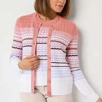 Liz Claiborne Womens Crew Neck Long Sleeve Button Striped Cardigan