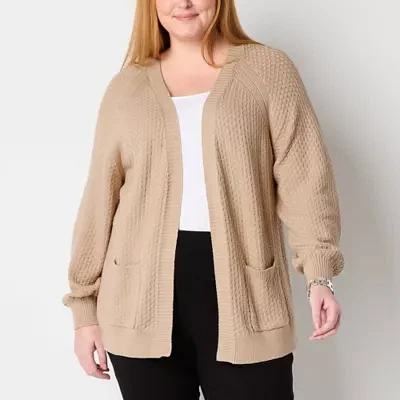 Liz Claiborne Plus Womens Long Sleeve Open Front Cardigan