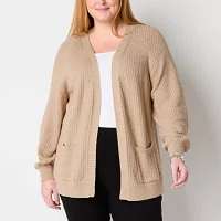 Liz Claiborne Plus Womens Long Sleeve Open Front Cardigan