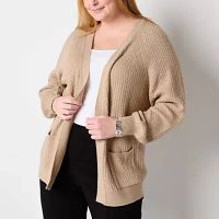 Liz Claiborne Plus Womens Long Sleeve Open Front Cardigan