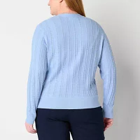 Liz Claiborne Plus Womens Long Sleeve Button Cardigan