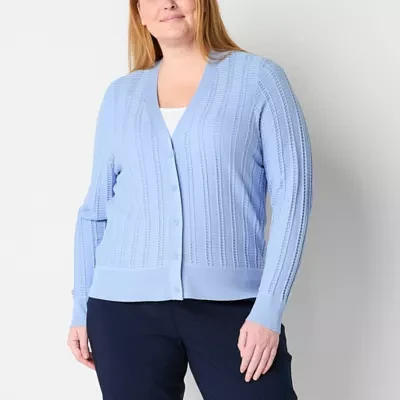 Liz Claiborne Plus Womens Long Sleeve Button Cardigan