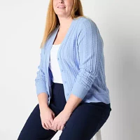 Liz Claiborne Plus Womens Long Sleeve Button Cardigan
