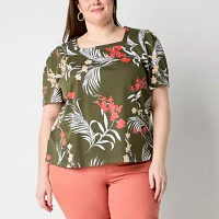 Liz Claiborne Plus Womens Square Neck Short Sleeve Blouse