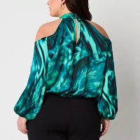 Bold Elements Plus Womens Keyhole Neck Long Sleeve Satin Blouse