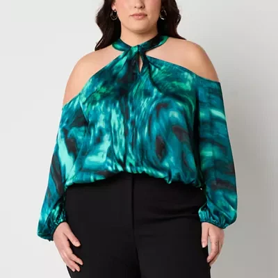 Bold Elements Plus Womens Keyhole Neck Long Sleeve Satin Blouse