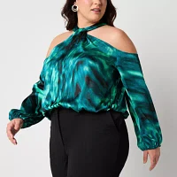 Bold Elements Plus Womens Keyhole Neck Long Sleeve Satin Blouse