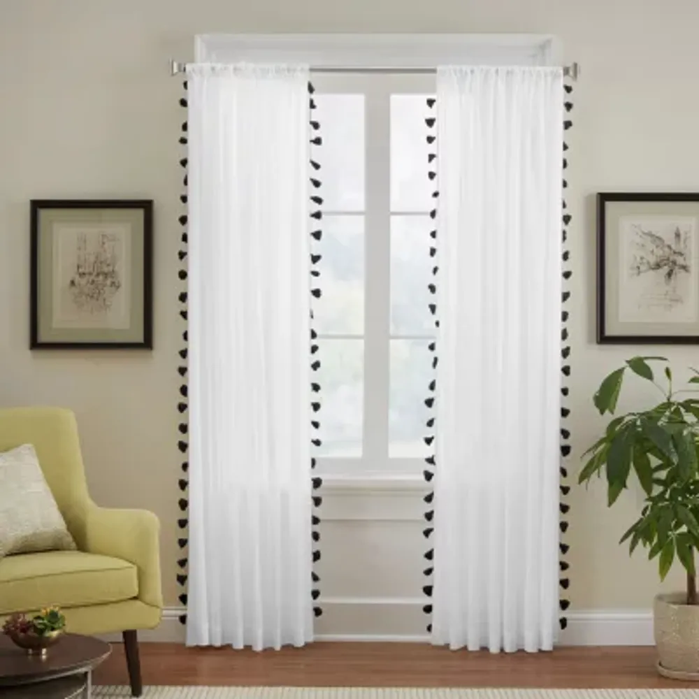 Elrene Home Fashions Bianca Tassle 100% Cotton Embellished Light-Filtering Rod Pocket Single Curtain Panel