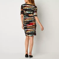 Connected Apparel Womens Short Sleeve Laser Cut Striped Sheath Dress