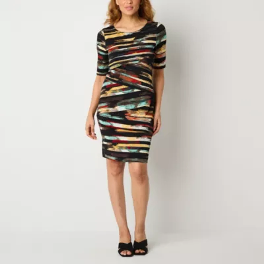 Connected Apparel Womens Short Sleeve Laser Cut Striped Sheath Dress