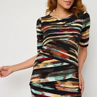 Connected Apparel Womens Short Sleeve Laser Cut Striped Sheath Dress