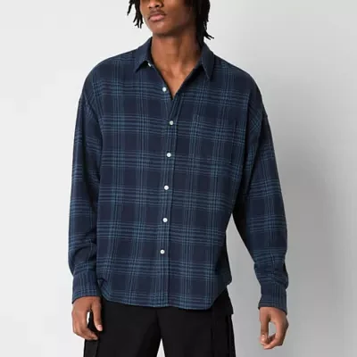 Arizona Mens Long Sleeve Textured Plaid Button-Up Shirt