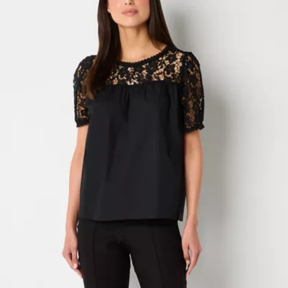 52seven Womens Crew Neck Short Sleeve Lace Blouse