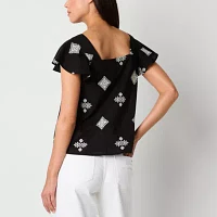 a.n.a Womens Square Neck Short Sleeve Embroidered  Top