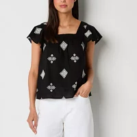 a.n.a Womens Square Neck Short Sleeve Embroidered  Top