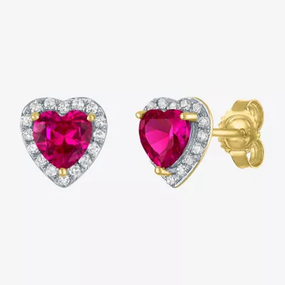 Lab Created Red Ruby 10K Gold 7.8mm Heart Stud Earrings
