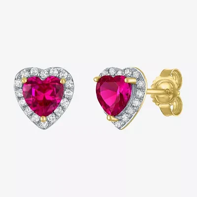 Lab Created Red Ruby 10K Gold 7.8mm Heart Stud Earrings