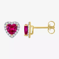 Lab Created Red Ruby 10K Gold 7.8mm Heart Stud Earrings