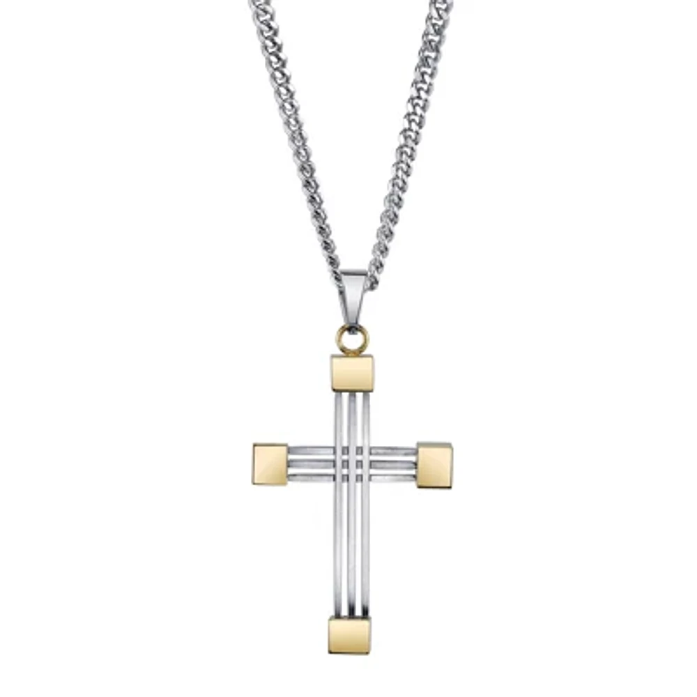 Mens Stainless Steel and Yellow IP Cross Pendant Necklace
