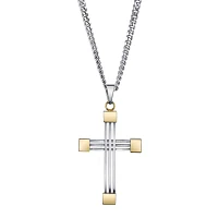 Mens Stainless Steel and Yellow IP Cross Pendant Necklace