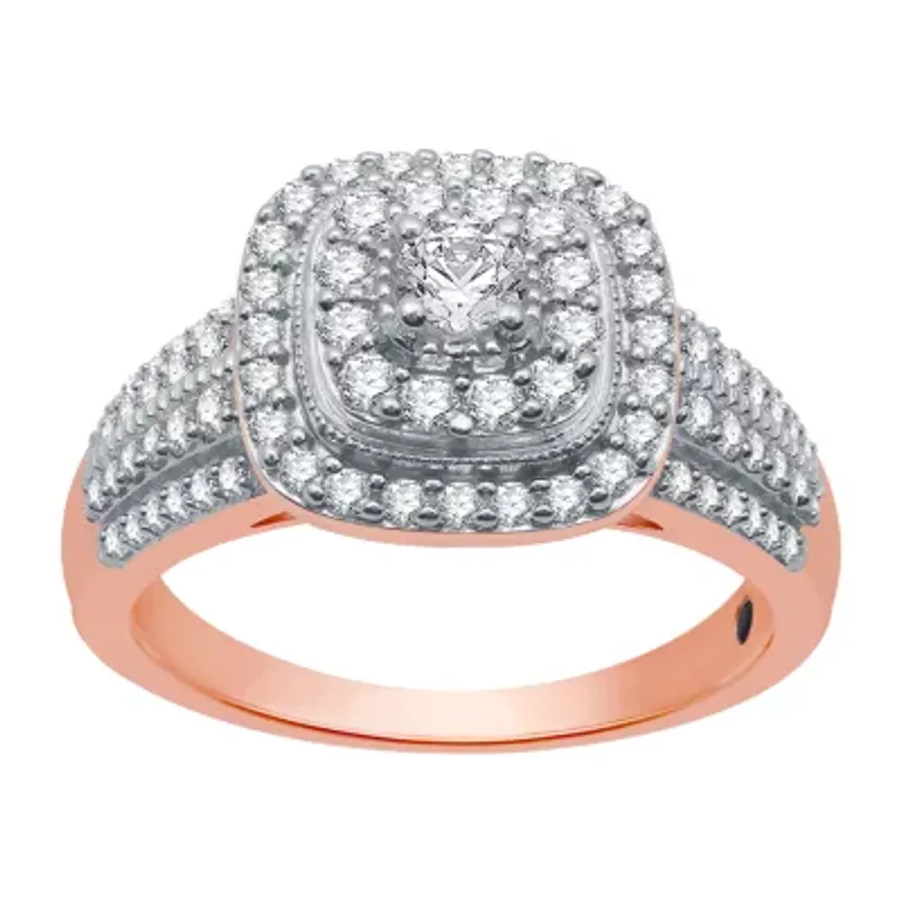 I Said Yes (H-I / I1) Womens 3/4 CT. T.W. Lab Grown White Diamond 14K Rose Gold Over Silver Sterling Side Stone Halo Engagement Ring