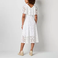 Rabbit Design Womens Short Sleeve Floral Midi Fit + Flare Dress Petite