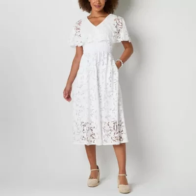 Rabbit Design Womens Short Sleeve Floral Midi Fit + Flare Dress Petite