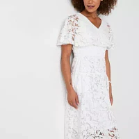 Rabbit Design Womens Short Sleeve Floral Midi Fit + Flare Dress Petite