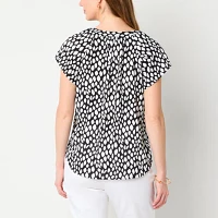 Liz Claiborne Womens Split Tie Neck Short Sleeve Blouse