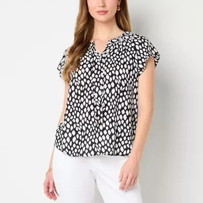 Liz Claiborne Womens Split Tie Neck Short Sleeve Blouse