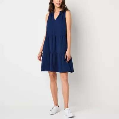 St. John's Bay Womens Sleeveless Embroidered Striped A-Line Dress