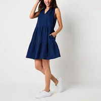 St. John's Bay Womens Sleeveless Embroidered Striped A-Line Dress