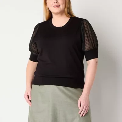 Liz Claiborne Plus Womens Round Neck Short Sleeve Pullover Sweater