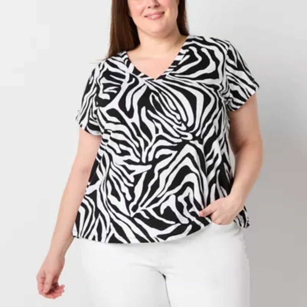 Liz Claiborne Plus Womens V Neck Short Sleeve Blouse