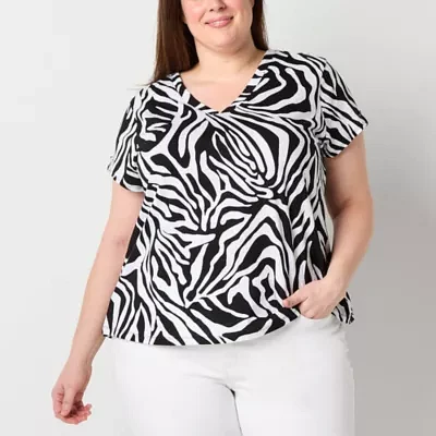 Liz Claiborne Plus Womens V Neck Short Sleeve Blouse