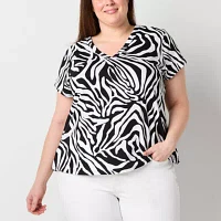 Liz Claiborne Plus Womens V Neck Short Sleeve Blouse