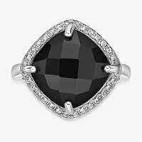 Womens Genuine Black Onyx Sterling Silver Cushion Halo Cocktail Ring