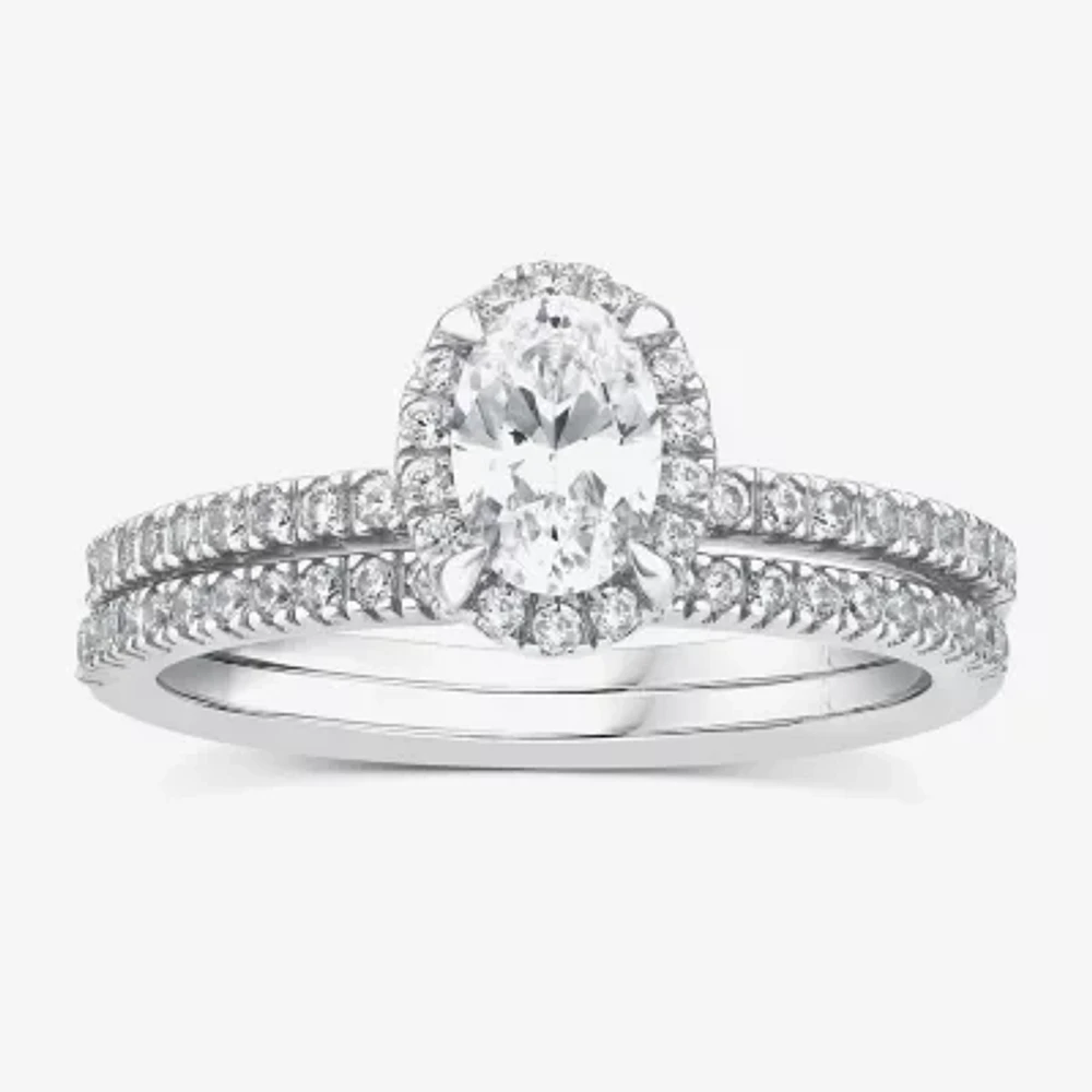 (G / Si1-Si2) Womens 1 CT. T.W. Lab Grown White Diamond 10K Gold Oval Side Stone Halo Bridal Set