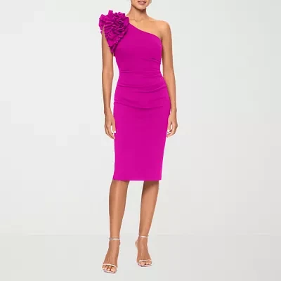 DJ Jaz Womens One Shoulder Sleeveless Applique Midi Sheath Dress